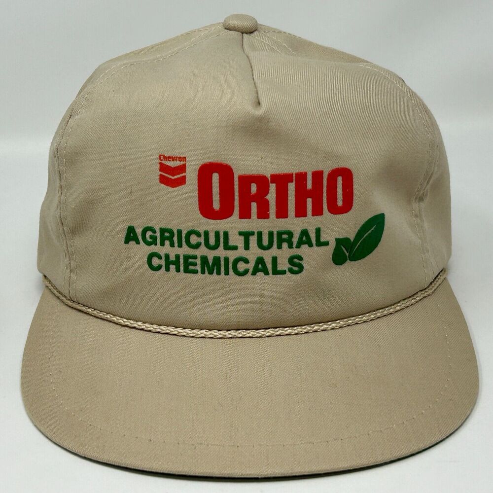 Vintage 80s Chevron Ortho Agricultural Chemicals Hat Baseball Cap K-Brand Beige